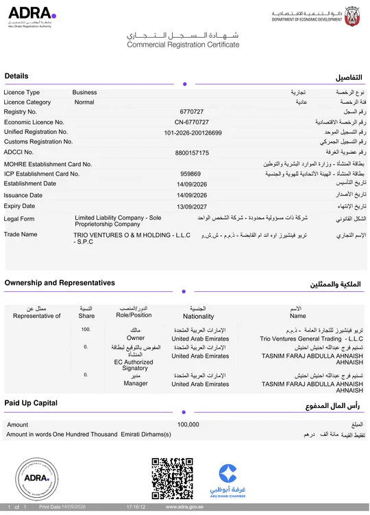 First page of the Commercial Registration Certificate