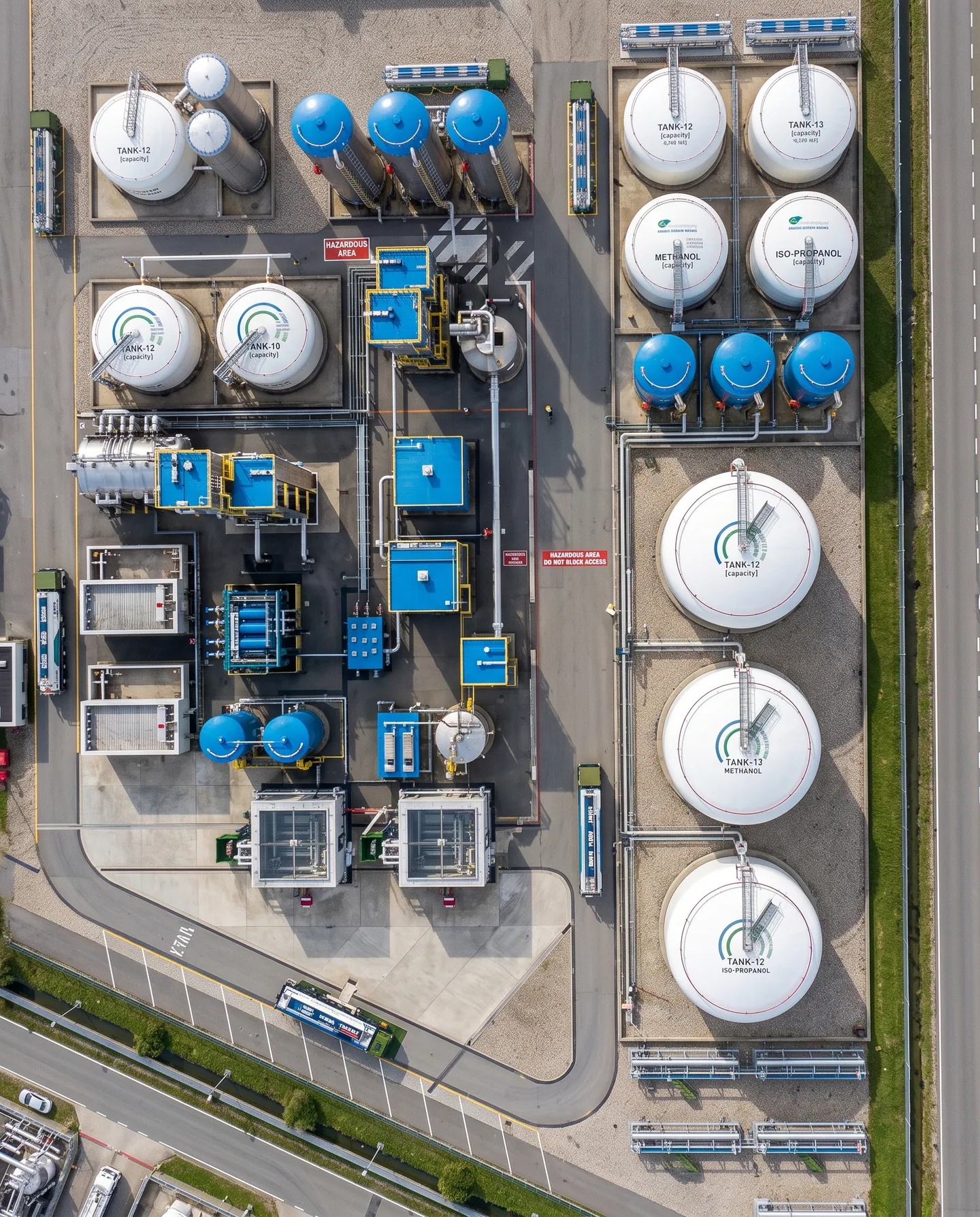 An overhead view of storage tanks, service roads and terminal equipment