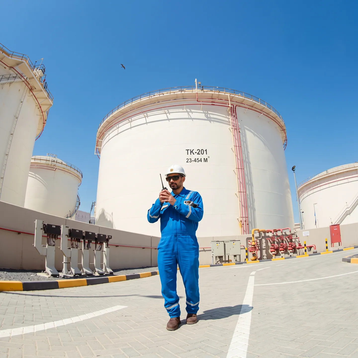 A terminal operator in blue workwear beside storage tanks