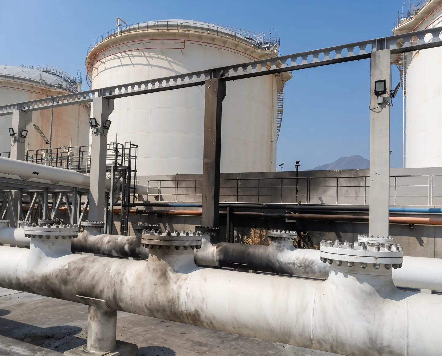 Valves and large pipes in front of terminal storage tanks
