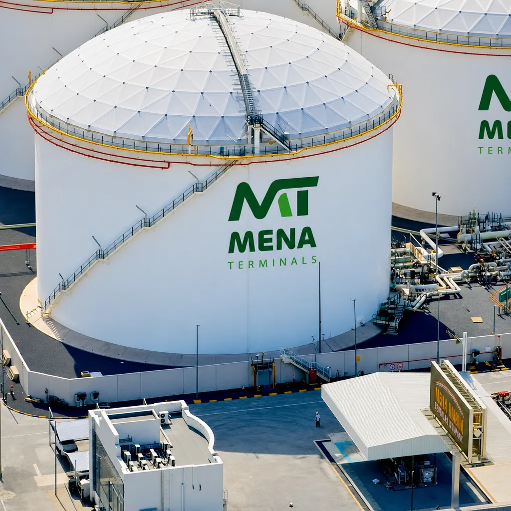 A MENA Terminals storage tank with access stairs and surrounding pipework